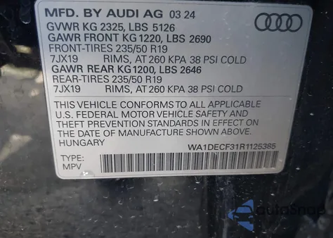 2024 Audi Q3 Premium 45 Tfsi S Line Quattro Tiptronic z USA, uszkodzony, nr VIN WA1DECF31R1125385